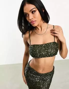 Топ Asos Design Co-ord Sequin Strappy Bandeau, темно-зеленый