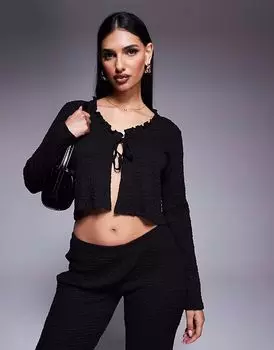 Топ ASOS DESIGN Coord с широким воротом, оборками и длинными рукавами, завязывающийся на талии, черного цвета