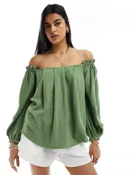 Топ Asos Design Linen Look Off Shoulder Pleated, зеленый