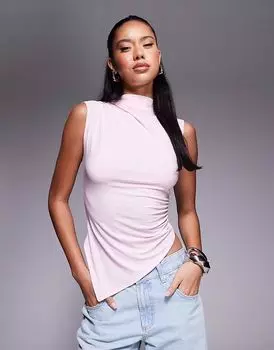 Топ ASOS DESIGN пастельно-розового цвета с рюшами, асимметричным подолом и высоким воротом