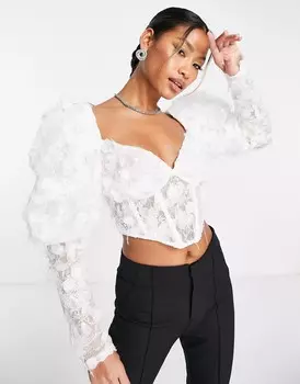 Топ Asos Design Premium 3D Lace Puff Sleeve Corset, белый