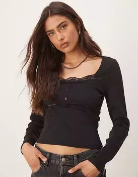 Топ ASOS DESIGN с длинными рукавами в рубчик, кружевом и пуговицами черного цвета