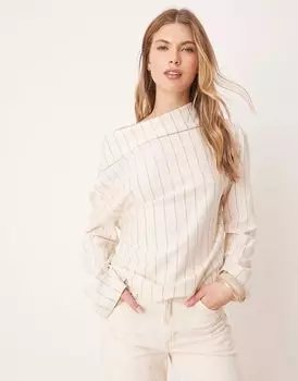 Топ ASOS DESIGN с открытыми плечами и длинными рукавами в тонкую кремовую полоску