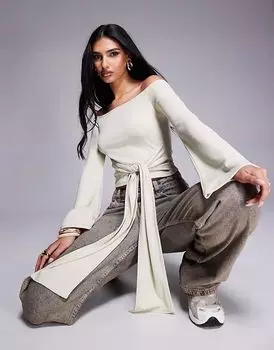 Топ ASOS DESIGN с открытыми плечами, завязкой на талии, кремового цвета