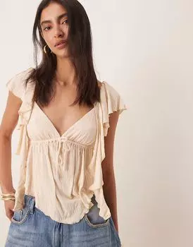 Топ ASOS DESIGN с открытыми спинками и жатыми рукавами кремового цвета