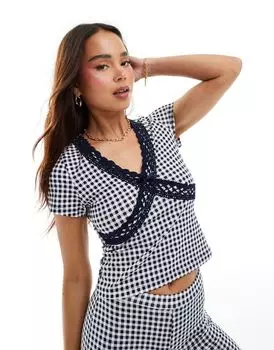 Топ ASOS DESIGN с v-образным вырезом, короткими рукавами, кружевной отделкой, клетка виши, часть комплекта