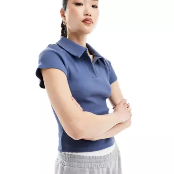 Топ Asos Design Short Sleeve Waffle Fitted Polo, пыльно-синий