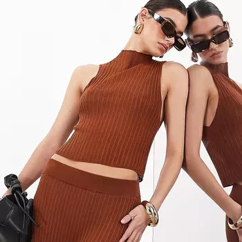 Топ Asos Edition Fine Knit Sheer Sleeveless, красно-коричневый