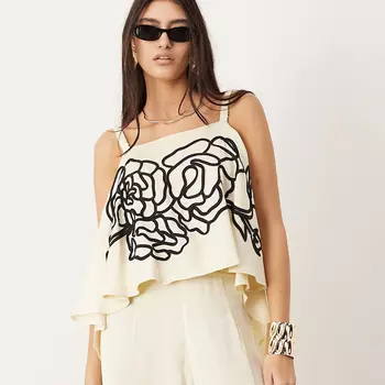 Топ Asos Edition Linear Floral Embroidered, черный/кремовый