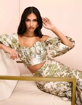 Топ Asos Luxe Co-ord Jacquard Off Shoulder Crop In Floral, зеленый