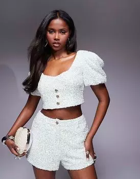 Топ ASOS LUXE Coord с декоративными фактурными рукавами-буфами мятного цвета