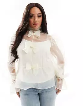 Топ ASOS LUXE Curve из органзы с длинными рукавами и бантом и майкой цвета слоновой кости