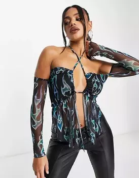 Топ ASYOU с завязкой спереди и сборками с принтом, мультиколор