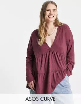 Топ баклажанового цвета в рубчик с длинными рукавами ASOS DESIGN Curve