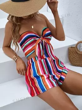 Топ-бандо и шорты Shein Vcay с цветочным принтом и завязкой спереди, розовый / белый