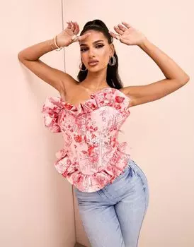 Топ-бандо из жаккардового корсета с рюшами ASOS LUXE розового и красного с цветочным принтом