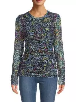 Топ Bcbgmaxazria вязаный с цветочным принтом и сборками, темно-синий