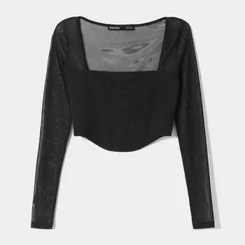 Топ Bershka Long Sleeve With Tulle Corset, черный
