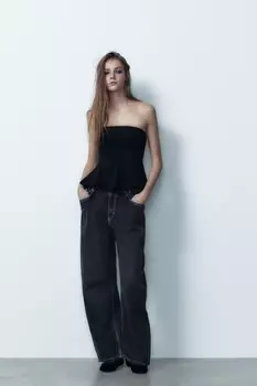 Топ без бретелек с баской из искусственной замши ZARA, черный
