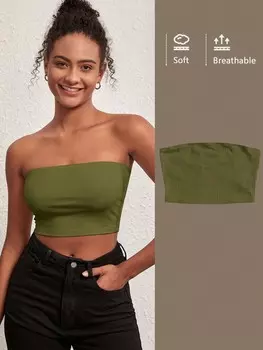 Топ без бретелек SHEIN BASICS, однотонный, фактурный, облегающий, темно-зеленый