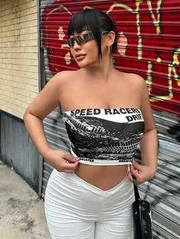 Топ без бретелек SHEIN SXY с буквами и узорами для музыкальных фестивалей или уличного стиля, черный и белый