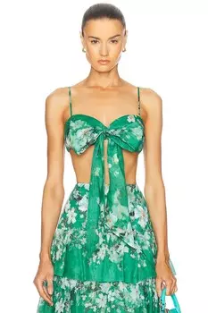 Топ без косточек Everley с драпировкой и бантом Zimmermann, цвет Green Watercolour Floral
