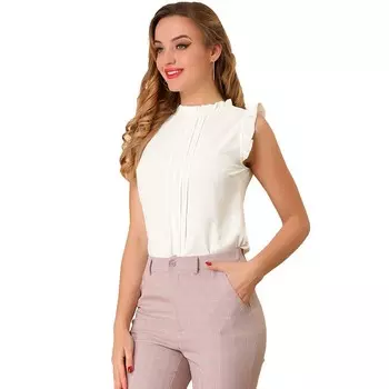 Топ без рукавов для женщин, деловые офисные блузки с винтажным цветочным принтом и рюшами ALLEGRA K, белый