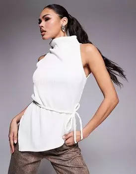 Топ без рукавов с гофрированной текстурой и высоким воротом, с завязкой на талии, белого цвета ASOS DESIGN