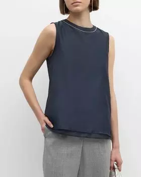 Топ без рукавов с круглым вырезом и отделкой цепочкой Peserico, цвет Inkwell Blue