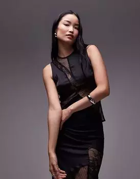 Топ без рукавов Topshop coord из смеси атласа и кружева, черный