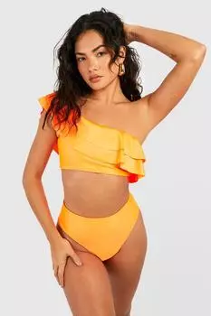 Топ бикини на одно плечо с рюшами Boohoo, оранжевый