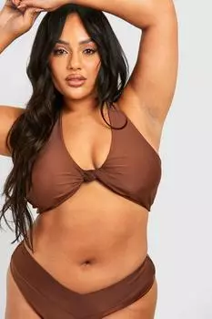 Топ бикини Plus с глубоким вырезом и бретельками boohoo, коричневый