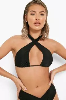 Топ бикини с погруженным погружением передней завязкой neon Boohoo, черный