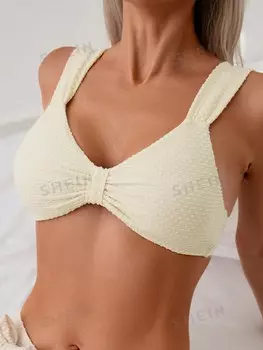 Топ-бикини текстурированный Shein Swim Basics с широкими бретелями, бежевый