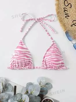 Топ-бикини в полоску Shein Swim Vcay с бретелькой на шее, розовый
