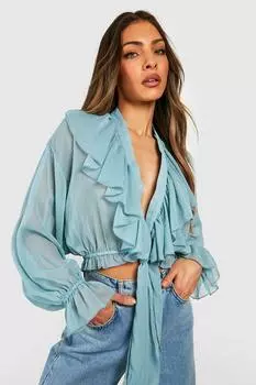 Топ блузка из шифона с орбками и завязками на ниме Boohoo, синий