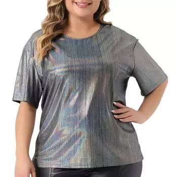 Топ больших размеров для женщин, футболка с металлическим круглым вырезом и коротким рукавом, вечерние блузки, футболки Agnes Orinda, серый