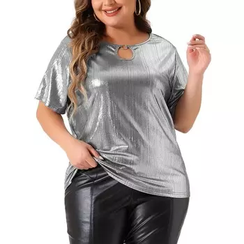 Топ больших размеров для женщин, металлическая футболка с круглым вырезом и коротким рукавом, вечерние блузки, футболки Agnes Orinda, цвет Silver