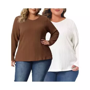 Топ больших размеров для женщин, повседневные вязаные туники с круглым вырезом и длинными рукавами Agnes Orinda, цвет Brown White