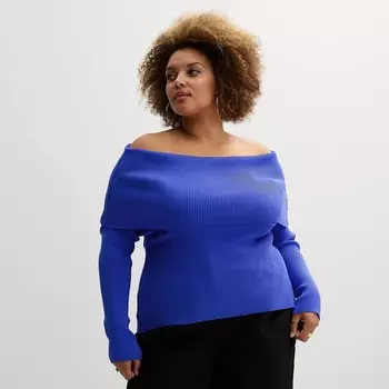 Топ больших размеров INTEMPO с открытыми плечами и длинными рукавами, синий