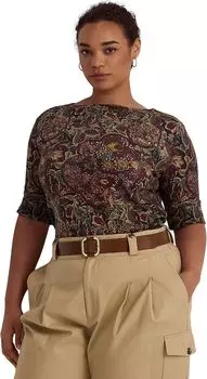 Топ больших размеров из эластичного хлопка с цветочным принтом и вырезом лодочкой LAUREN Ralph Lauren, цвет Burgundy Multi