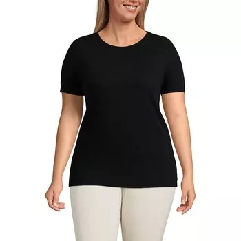 Топ больших размеров Lands' End с короткими рукавами и круглым вырезом в рубчик, черный
