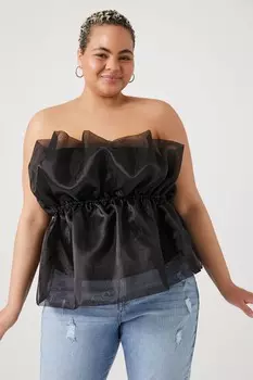 Топ больших размеров с баской из органзы без бретелек Forever 21, черный