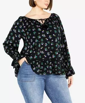 Топ больших размеров с цветочным принтом и гофрированными манжетами Avenue, синий