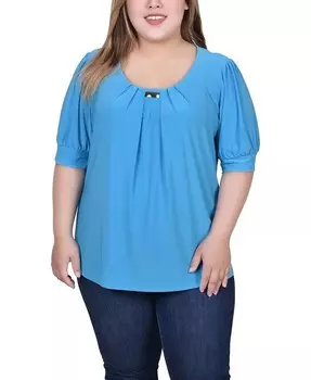 Топ больших размеров с короткими рукавами-фонариками и фурнитурой NY Collection, синий