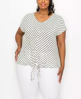 Топ больших размеров с короткими рукавами в полоску и шевронной завязкой спереди COIN 1804