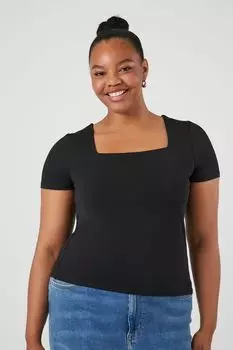 Топ больших размеров с квадратным вырезом и короткими рукавами Forever 21, черный