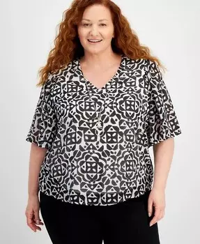 Топ больших размеров с ожерельем и V-образным вырезом с принтом JM Collection, черный