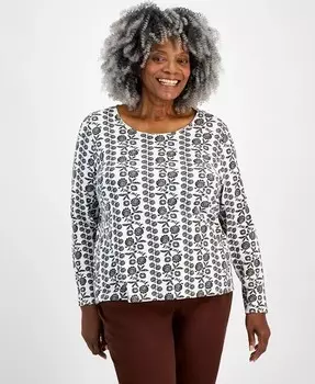 Топ больших размеров с принтом и круглым вырезом, длинными рукавами Style & Co, мультиколор