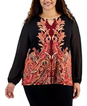 Топ больших размеров с принтом и шифоновыми рукавами, украшенным воротником JM Collection